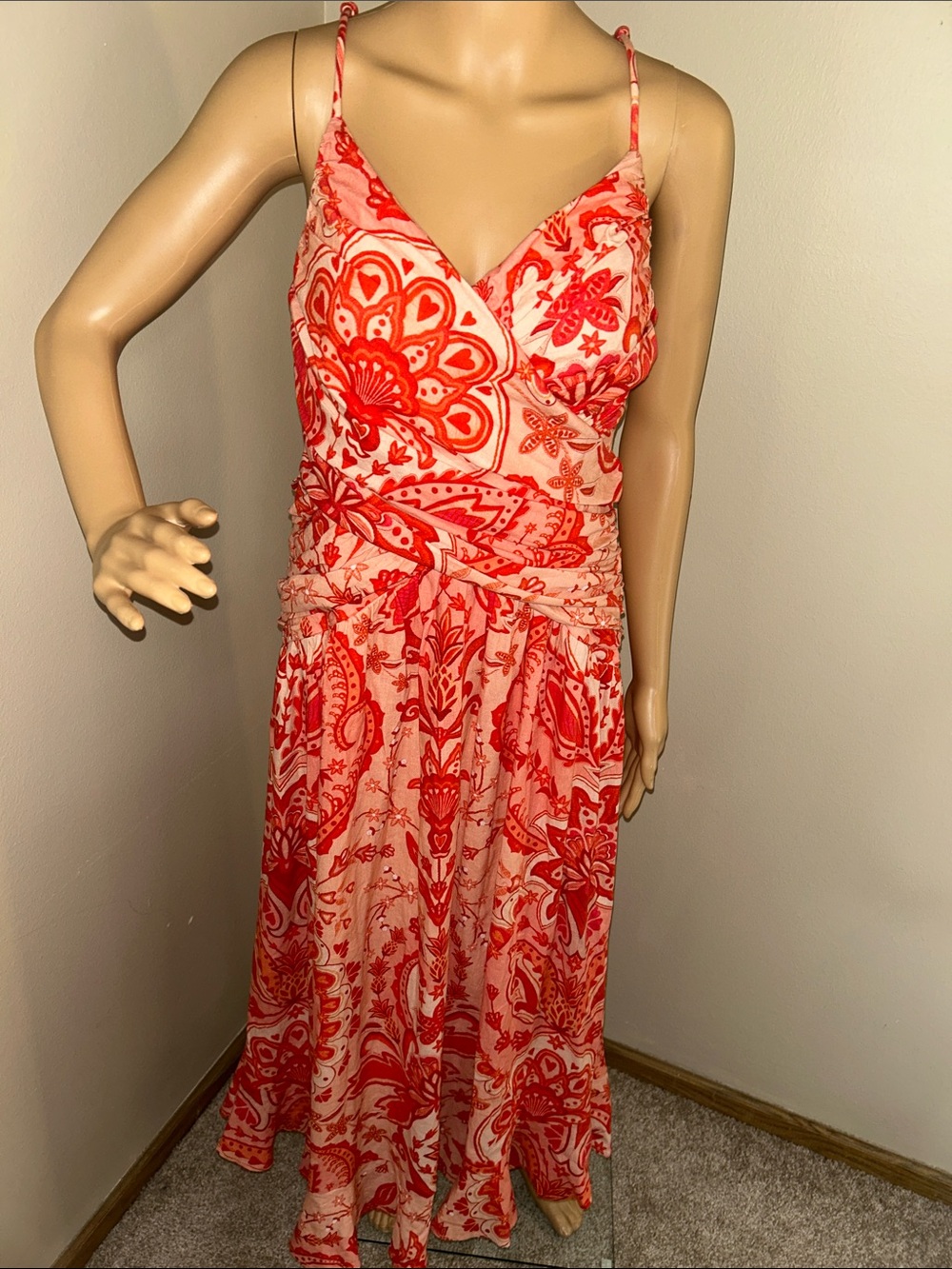 FARM Rio Coral and Cream Backless Wrap Maxi Dress